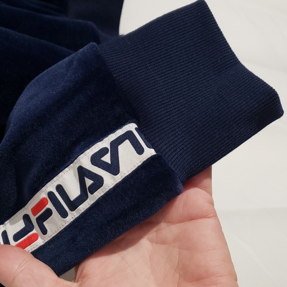 90's Style Fila Navy Blue Velour Velvet Zip-Up Hoodie Logo Down Arms Large - Picture 4 of 11